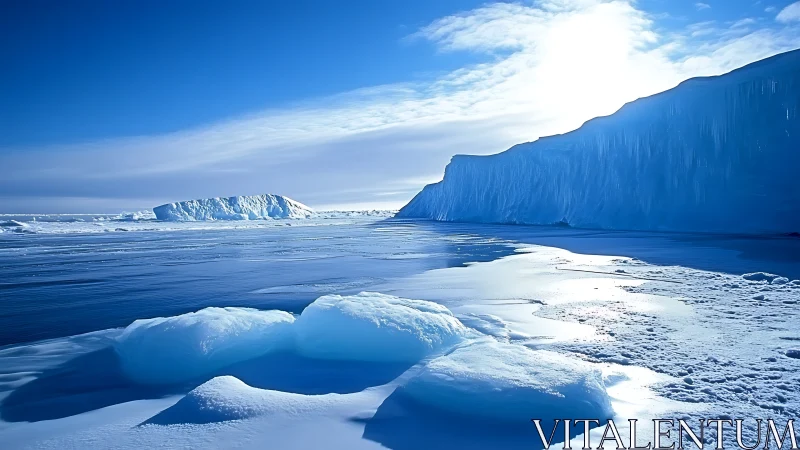 Sunlit polar ice cliffs glowing over a tranquil blue sea.