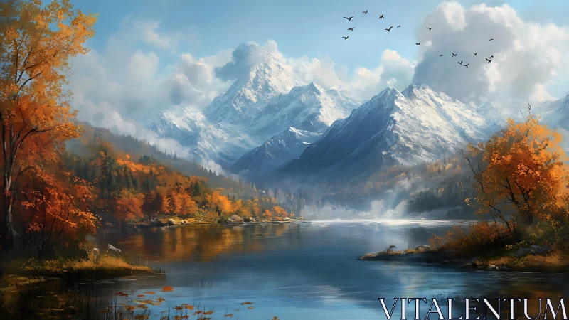 Golden autumn lake beneath bright snowcapped mountains.