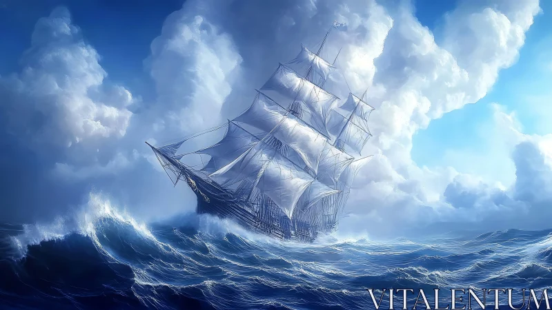 Storm-chasing tall ship carves silver paths through roaring seas.