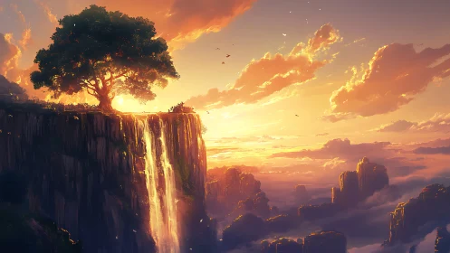 Golden cliffside waterfall beneath a glowing sunset tree.