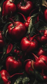 High-contrast macro cluster of red peppers with deep foliage shadows