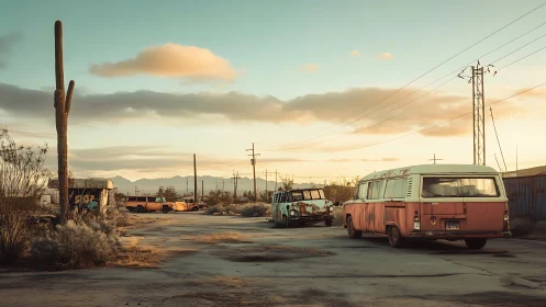 Rusty desert caravans linger where sunlight forgets time