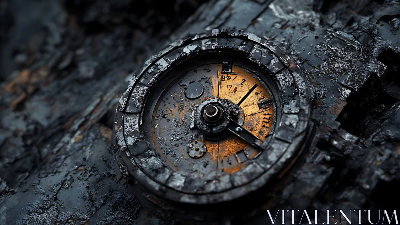 Rusty mechanical clock embedded in dark corroded metal.