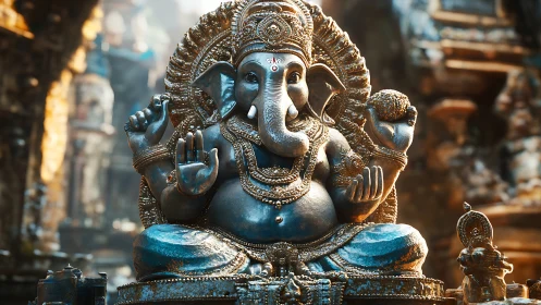 Radiant Ganesha statue glowing with warmth and quiet blessings.