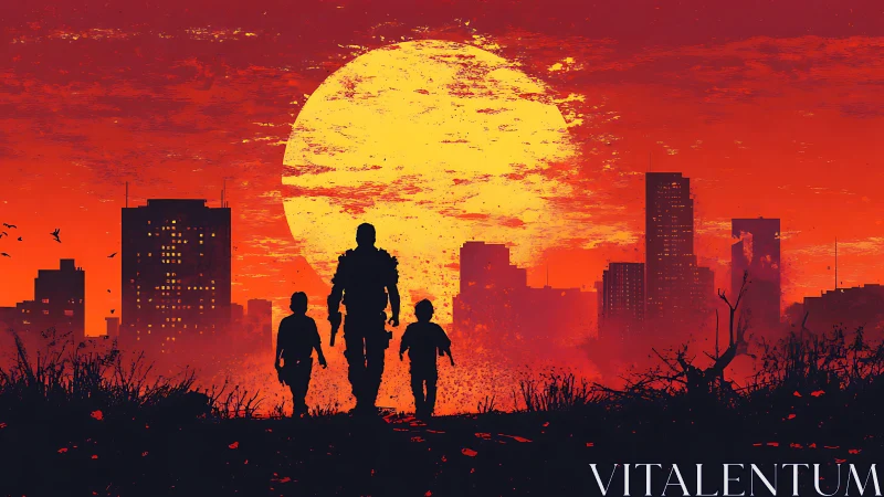 Post-apocalyptic family silhouettes before ruined city sunset
