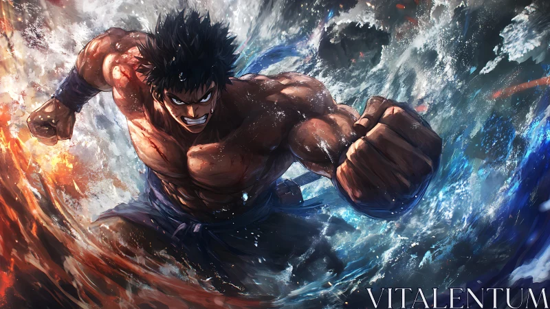 Stormfist brawler punching through fire and ocean fury.
