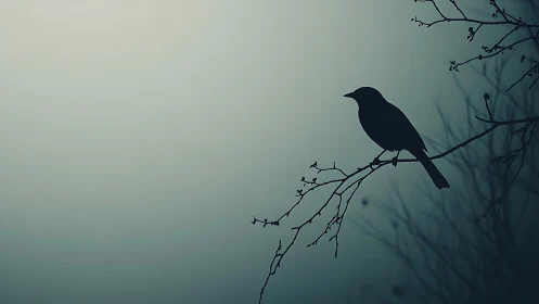 Silhouette of a Bird on a Bare Branch in Minimalist Style.