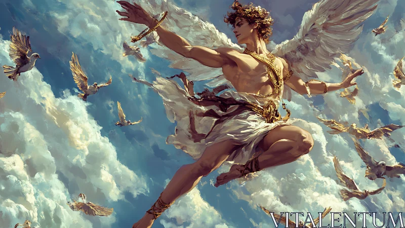 Winged celestial figure arcs through clouds in dynamic flight