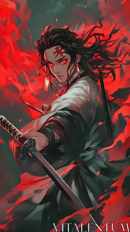 Fierce red-eyed swordsman commands swirling crimson flames