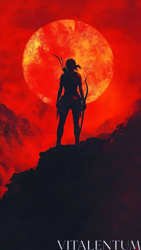 Silhouetted archer stands before large red sun.