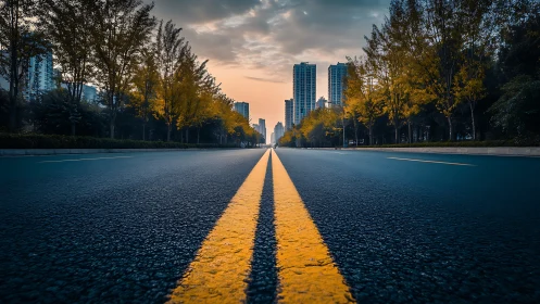 Golden city avenue stretching into a soft sunrise glow.