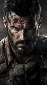 Battle-worn soldier portrait with intense focused gaze.
