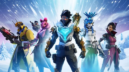 Heroic squad of sci fi warriors stand in frozen battlefield