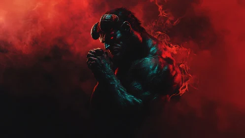 Demonic humanoid rendered with dramatic red rim lighting and dense smoke