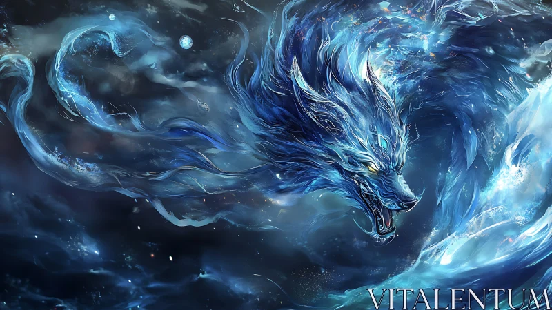 Mythic blue wolf entity emerging within swirling energy field.