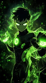 Energetic teen hero with luminous green plasma aura in suit