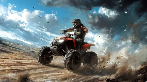 Dust-chasing rider slingshots a roaring ATV through stormlight