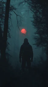 Solitary wanderer studies a blood-red sun in the misted pines