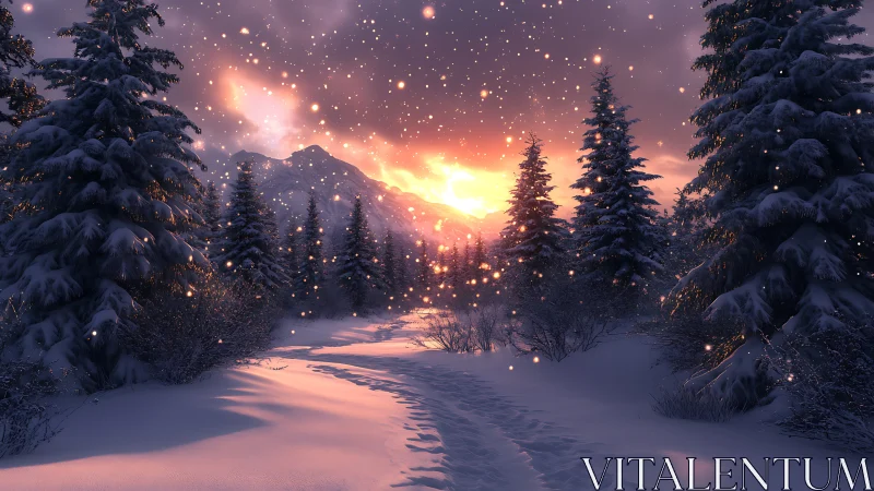 Snowy forest trail at sunset with glowing falling snow.