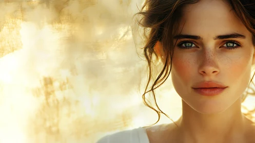 Close cropped female portrait against soft golden backdrop.