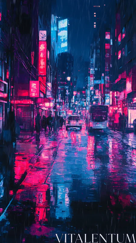 Neon-soaked rainy city street under electric night sky.