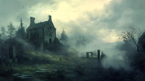 Fog-laced chapel road toward a slumbering hilltop fortress.