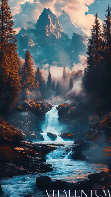 Digital alpine valley waterfall under dramatic orange dusk.