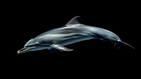 Graceful dolphin gliding through a velvet-black ocean night.