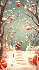 Child in red winter outfit standing in snowy forest path.