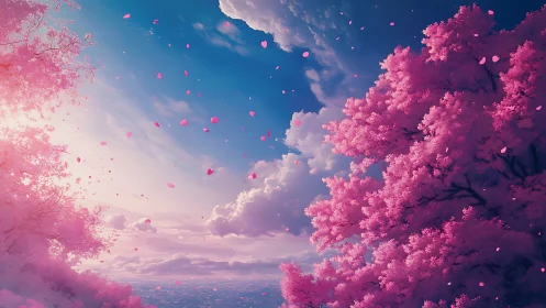 Cherry blossoms drift under radiant pastel evening sky.