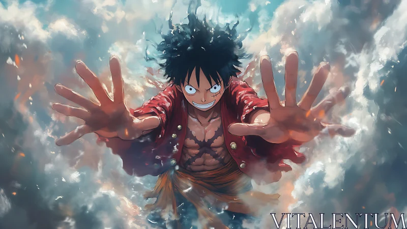 Determined anime hero lunges forward through swirling clouds