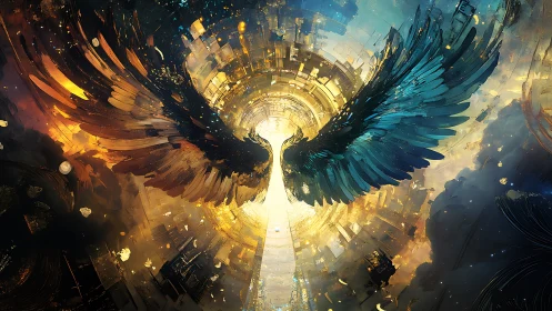 Symmetrical wing forms frame a luminous central vortex