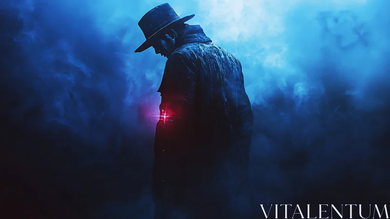 Lone noir gunslinger stands in neon blue fog with red light