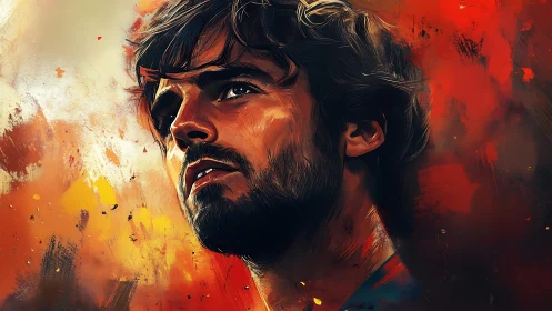 Intense male portrait against vivid abstract red field.