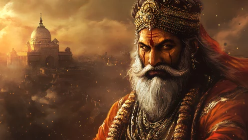 Bearded warrior king stares forward beside domed palace