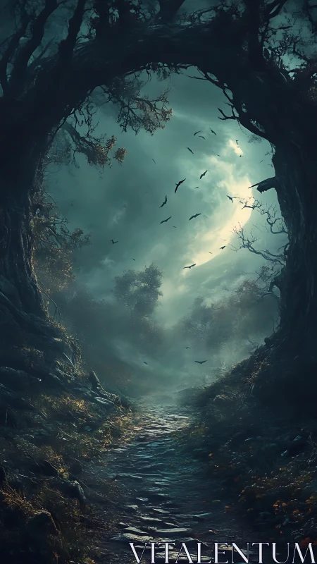Moonlit forest path invites a quiet, mysterious journey