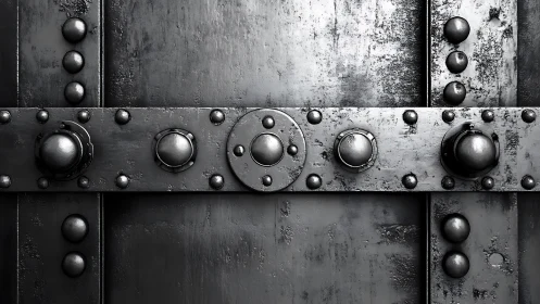 Riveted metallic panels are arranged in a symmetrical grid