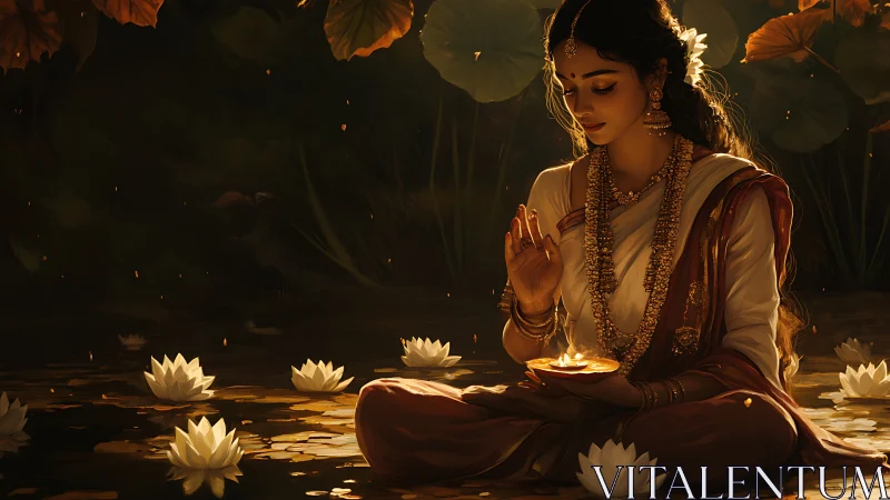 Serene woman with diya meditates amid lotus-lit twilight pond