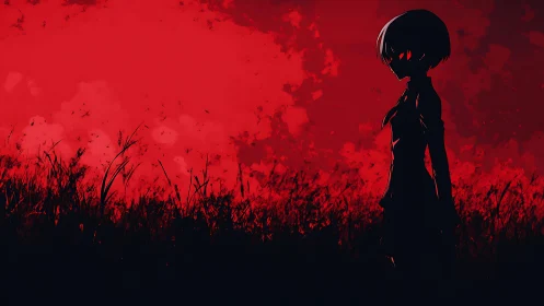 Silhouetted anime figure dominates blood red twilight field.