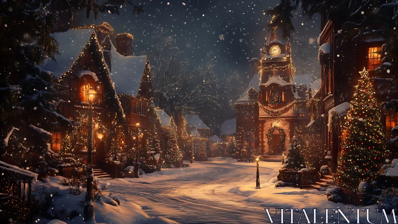Snow-covered Christmas village street glows under festive lights