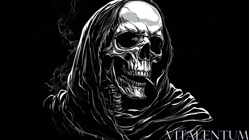 Grim reaper skull in shadowed cloak, stark monochrome study.