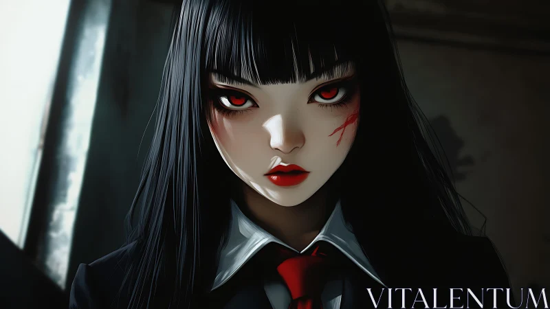 Dark-haired figure with red eyes and facial scar in uniform.