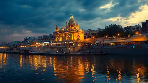 Riverside temple at dusk illuminated in warm reflective lighting
