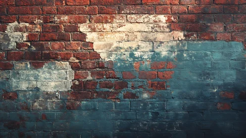 Weathered red brick wall with peeling blue paint, urban grunge style.