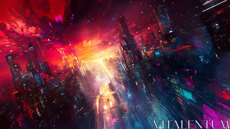 Neon skyline racing into a glowing sci fi sunset dreamscape.