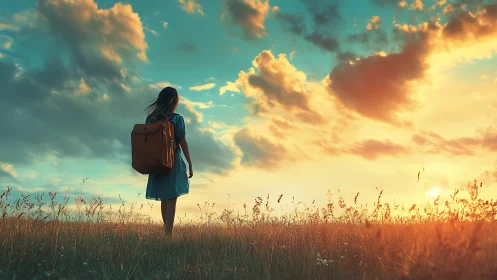Girl with backpack stands in tall grass under vivid sunset sky