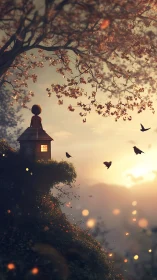 Child on rooftop under flowering tree at hazy sunset.