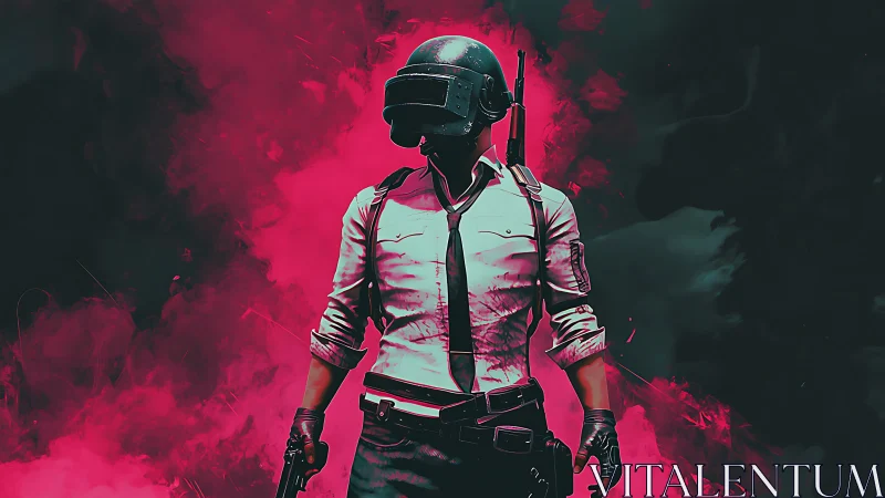 Helmeted combatant in white shirt amid dense red smoke.