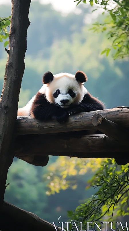 Playful panda rests on a forest log in gentle morning light