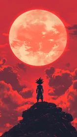 Silhouetted figure on rocky peak under large red moon.